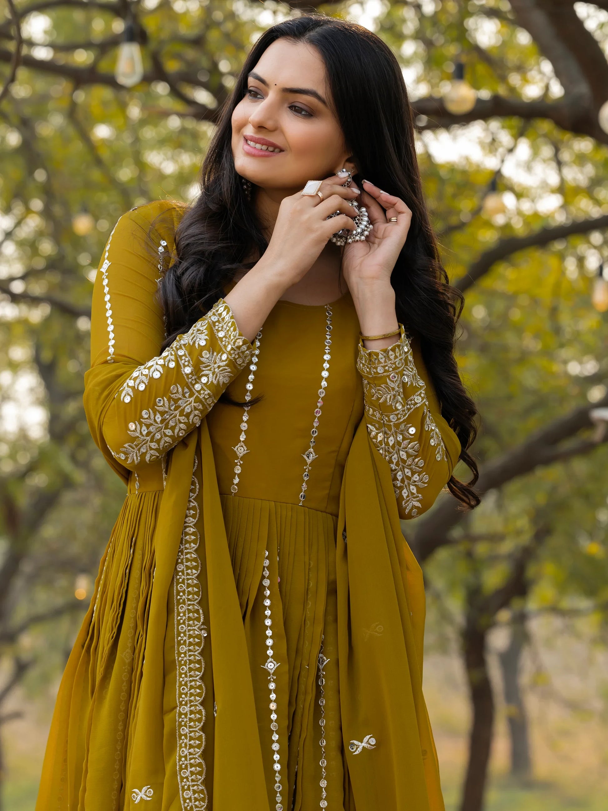 Gorgeous Olive Green Sequins Georgette Mehendi Wear Gown - Zeel Clothing