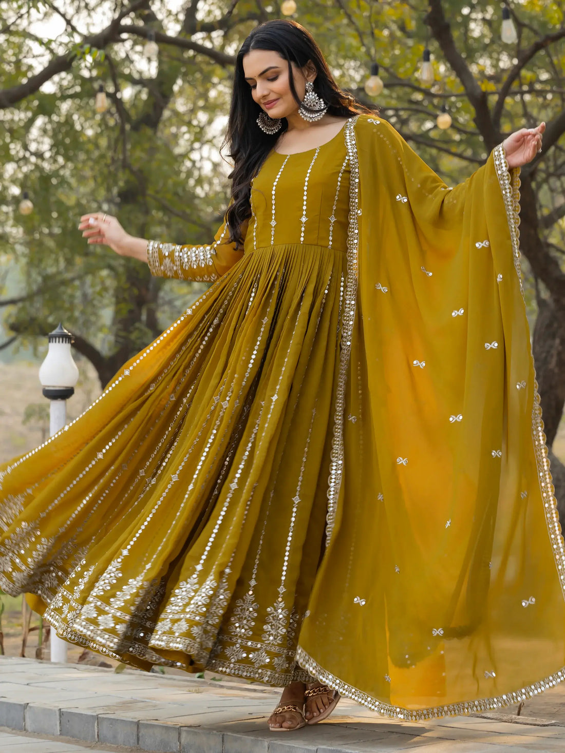 Gorgeous Olive Green Sequins Georgette Mehendi Wear Gown - Zeel Clothing