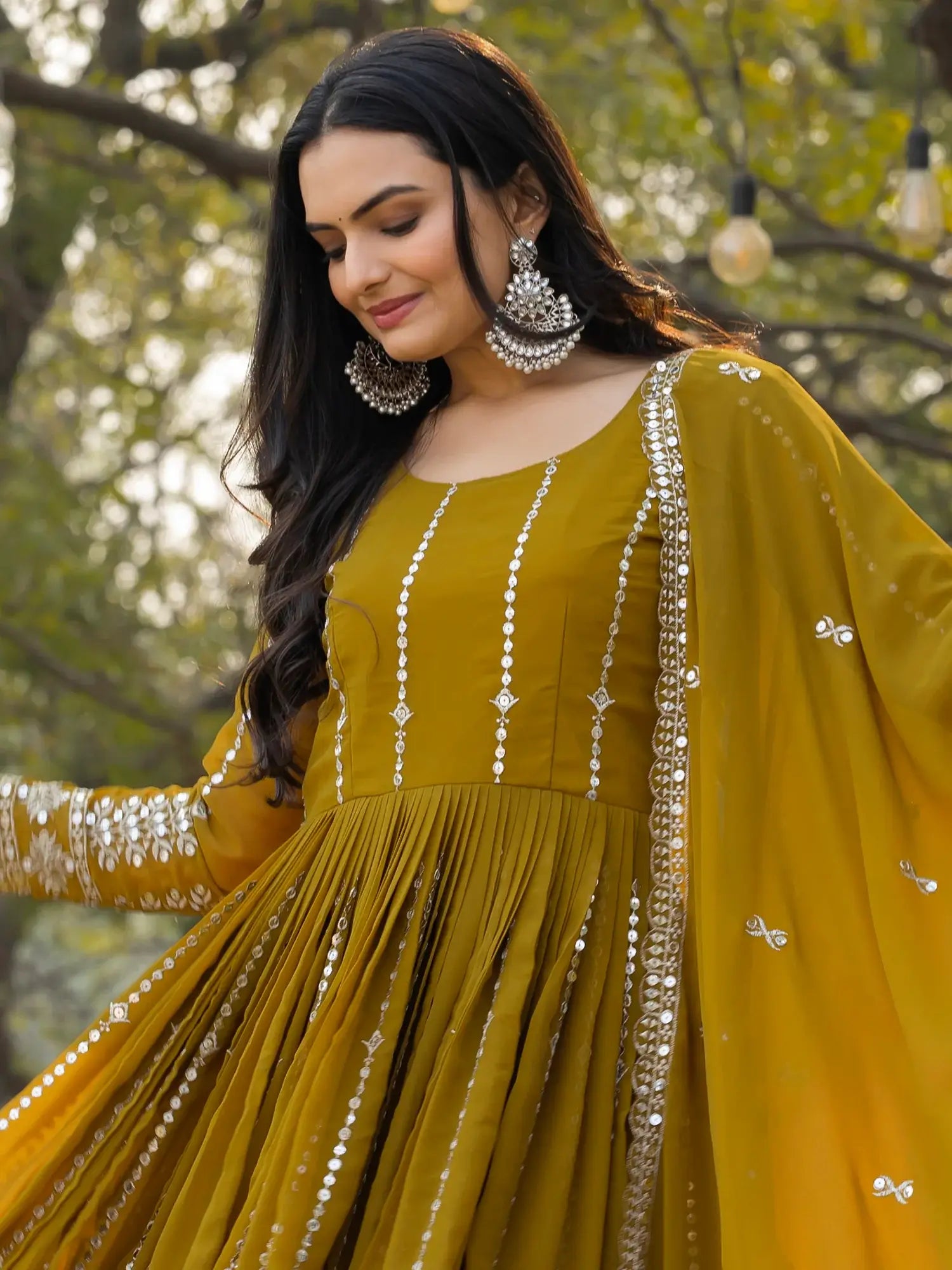 Gorgeous Olive Green Sequins Georgette Mehendi Wear Gown - Zeel Clothing