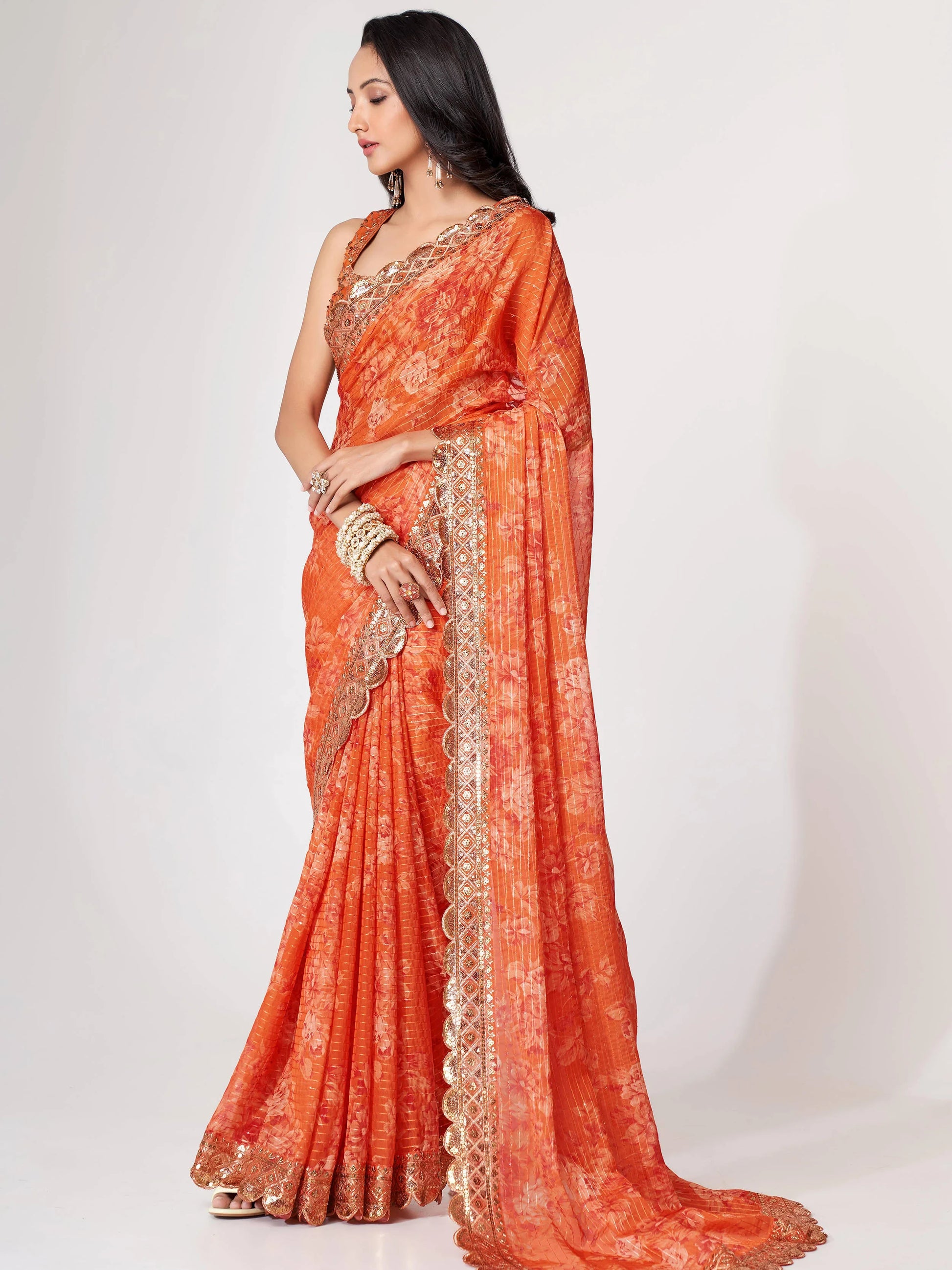 Gorgeous Orange Floral Print Organza Wedding Wear Saree With Blouse - Zeel Clothing