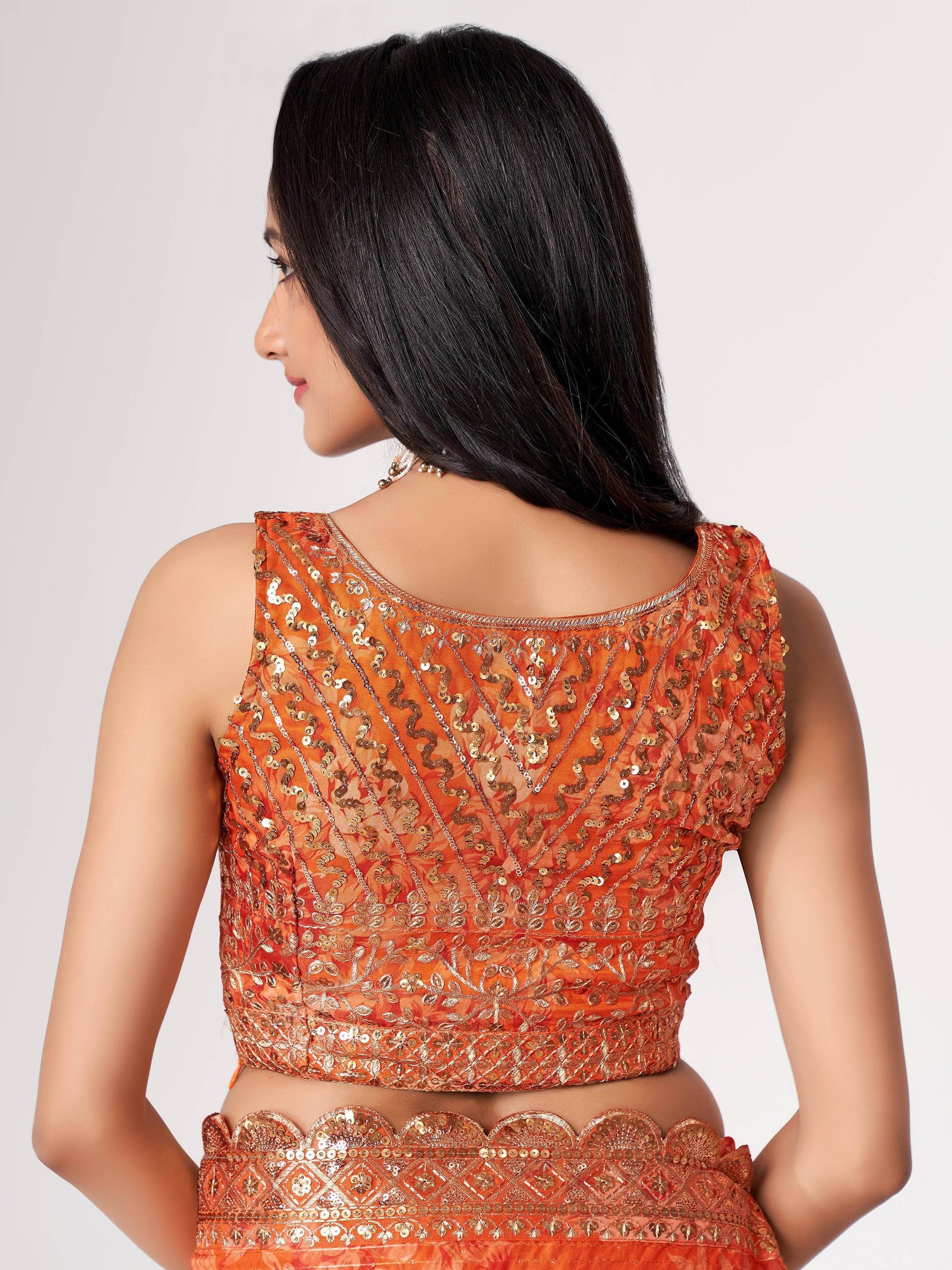 Gorgeous Orange Floral Print Organza Wedding Wear Saree With Blouse - Zeel Clothing