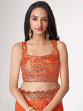 Gorgeous Orange Floral Print Organza Wedding Wear Saree With Blouse - Zeel Clothing