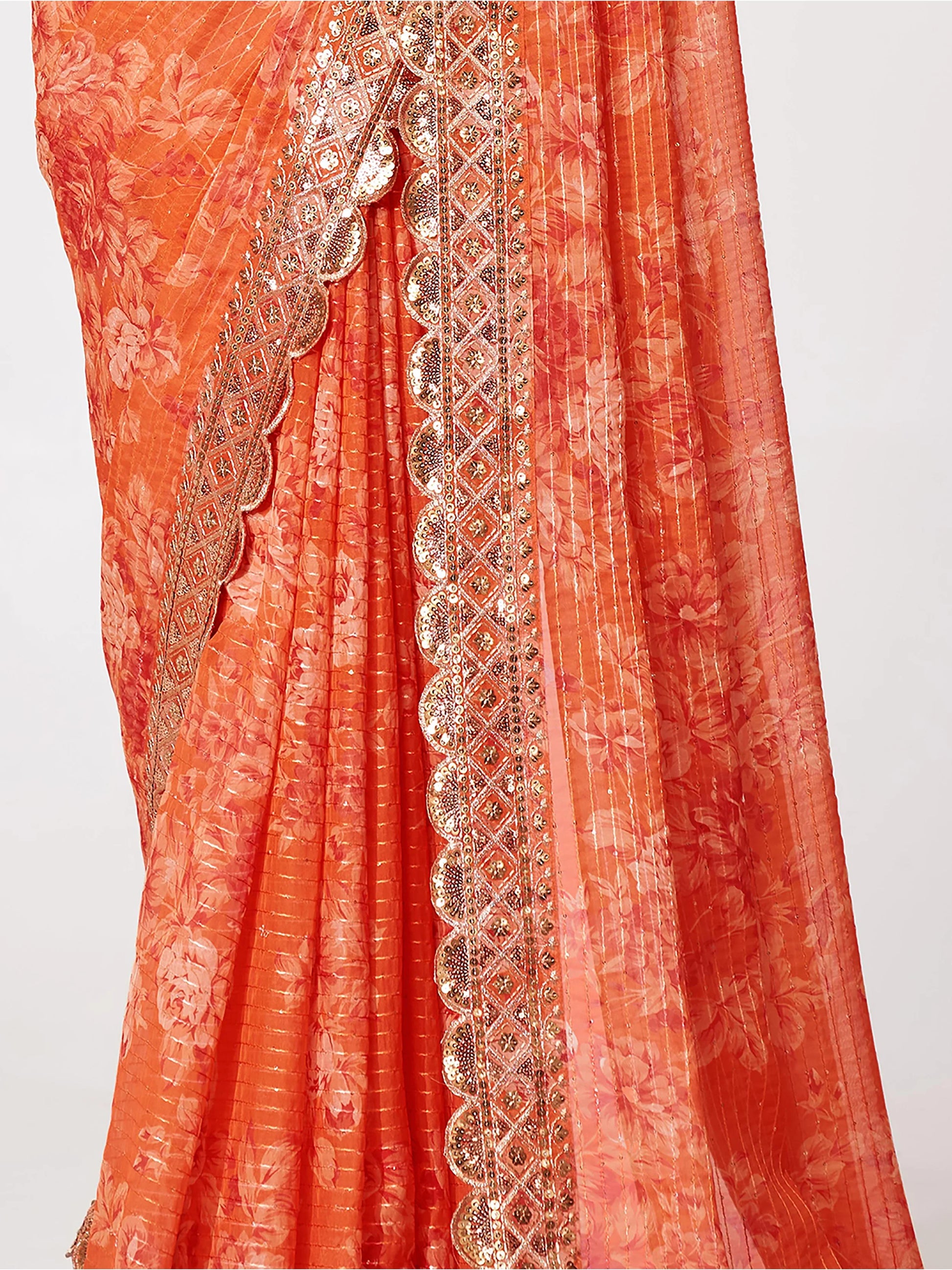 Gorgeous Orange Floral Print Organza Wedding Wear Saree With Blouse - Zeel Clothing