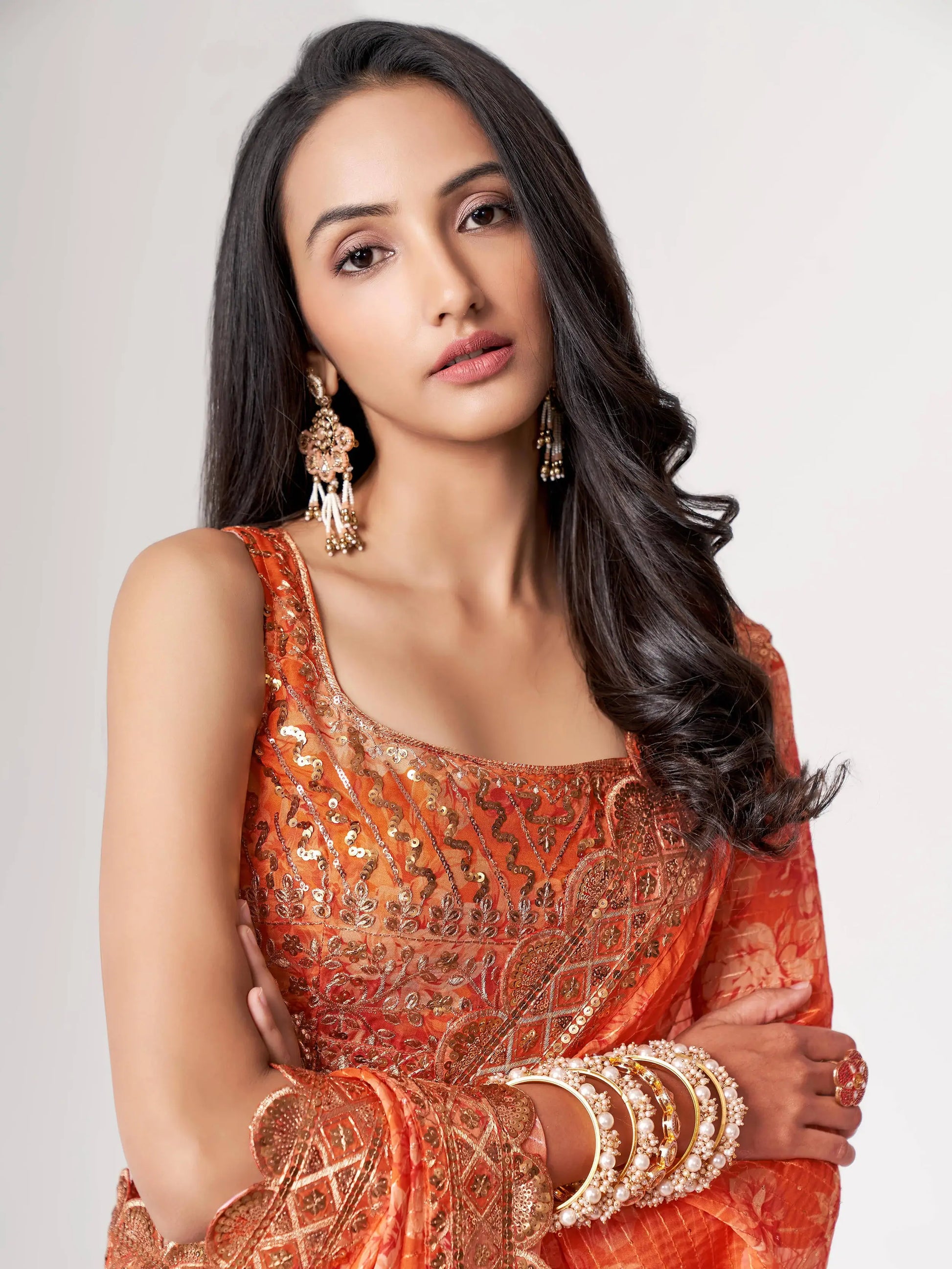 Gorgeous Orange Floral Print Organza Wedding Wear Saree With Blouse - Zeel Clothing
