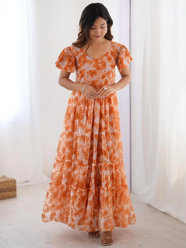 Gorgeous Orange Shibori Printed Georgette Casual Wear Dress - Zeel Clothing