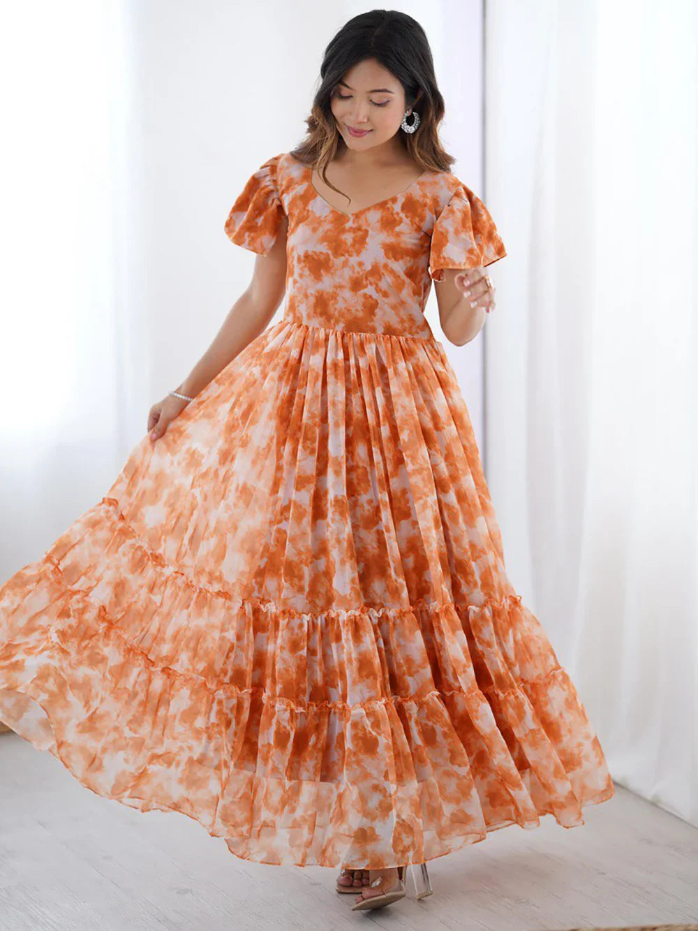 Gorgeous Orange Shibori Printed Georgette Casual Wear Dress - Zeel Clothing