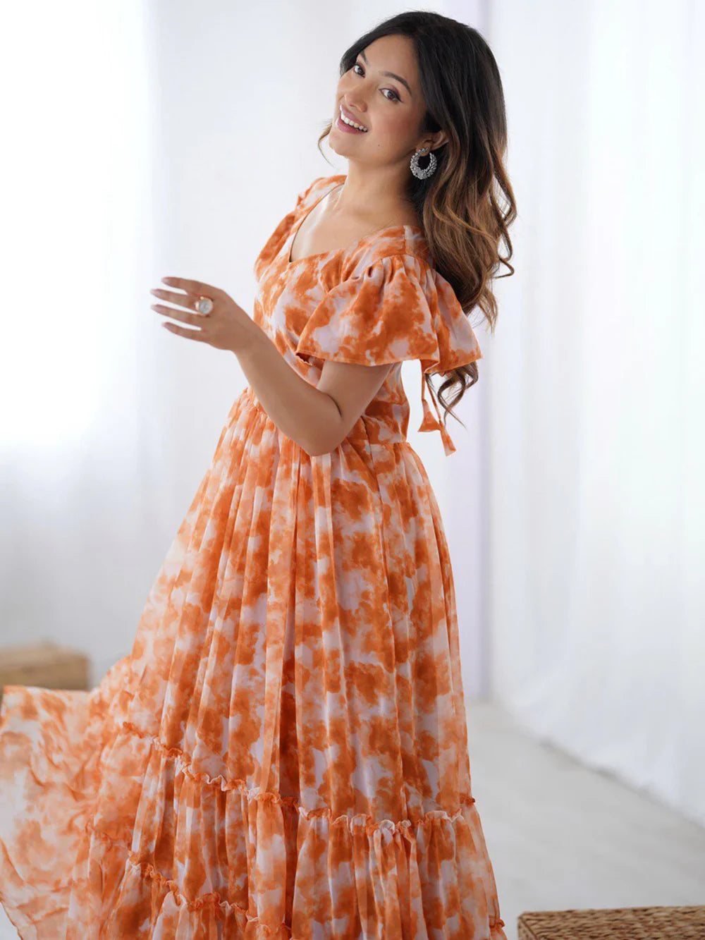 Gorgeous Orange Shibori Printed Georgette Casual Wear Dress - Zeel Clothing