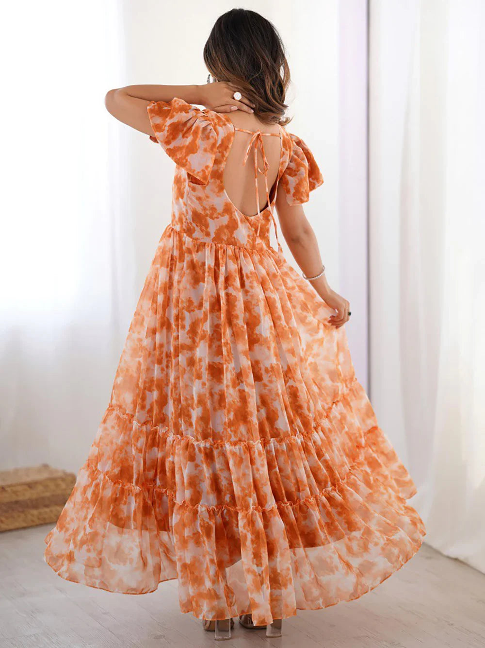 Gorgeous Orange Shibori Printed Georgette Casual Wear Dress - Zeel Clothing
