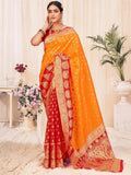 Orange and red embroidered saree with gold patterns, perfect for festive occasions and traditional wear.