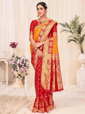 Red and gold embroidered saree with yellow border, traditional Indian women's fashion