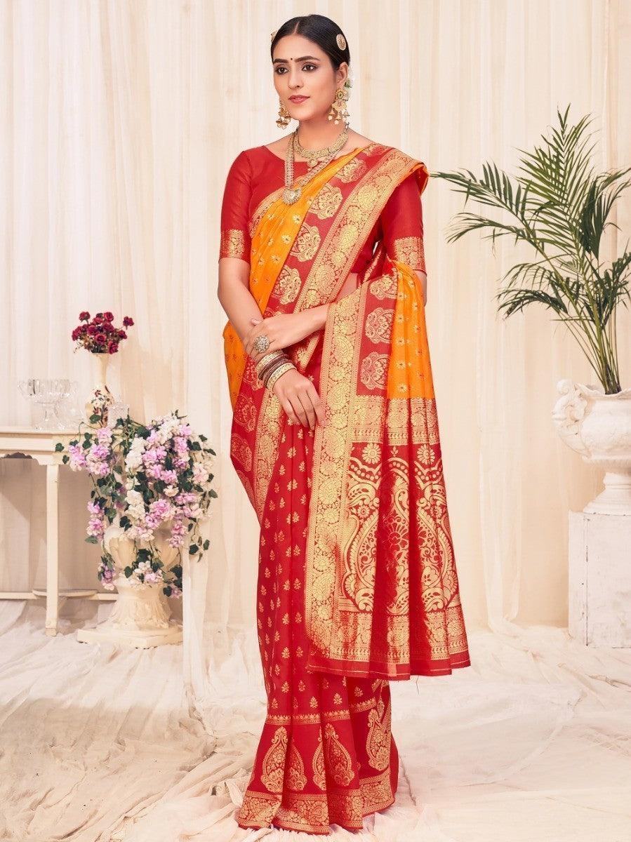 Red and gold embroidered saree with yellow border, traditional Indian women's fashion