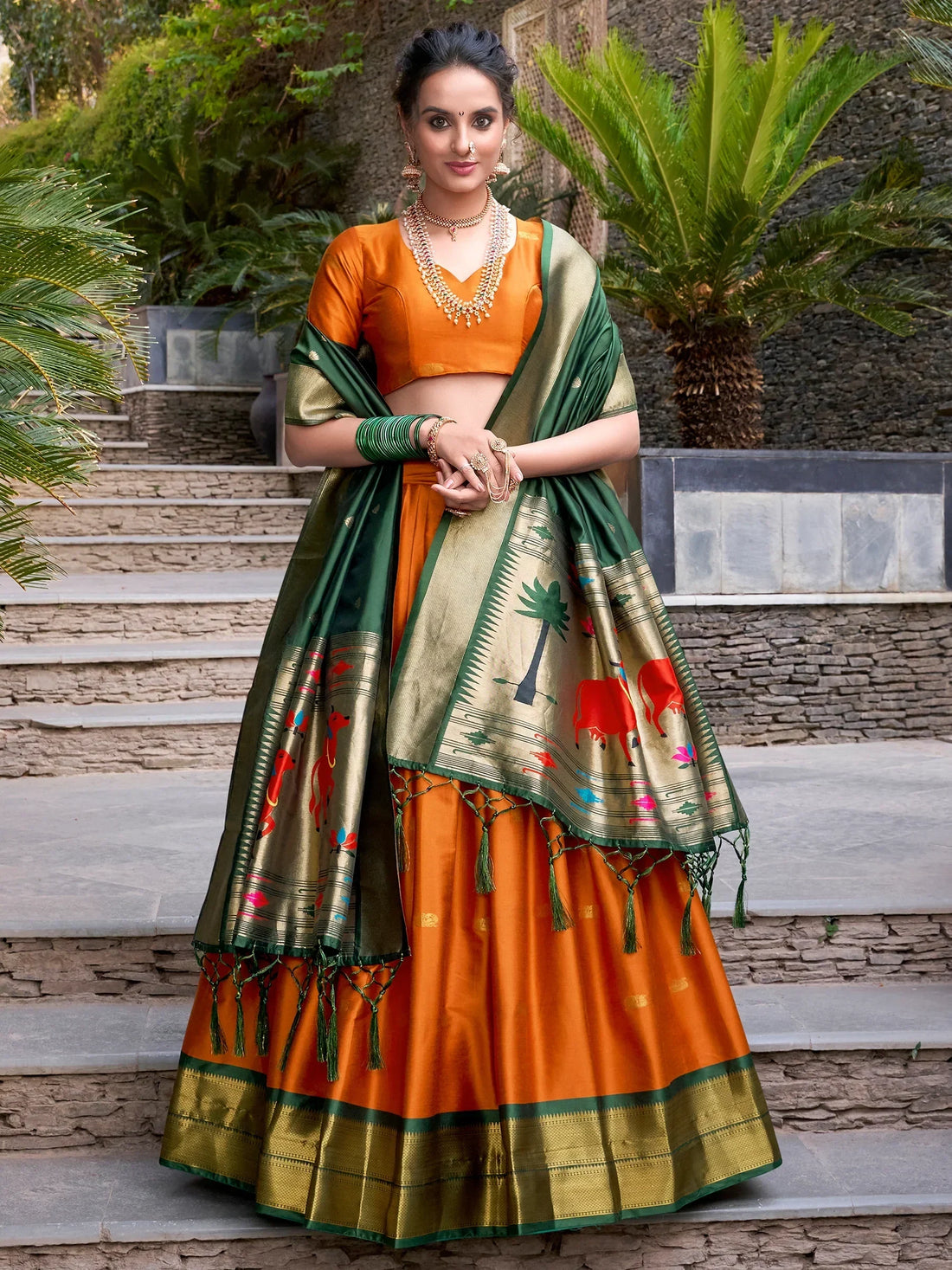 Gorgeous Orange Zari Weaving Paithani Lehenga Choli With Dupatta - Zeel Clothing