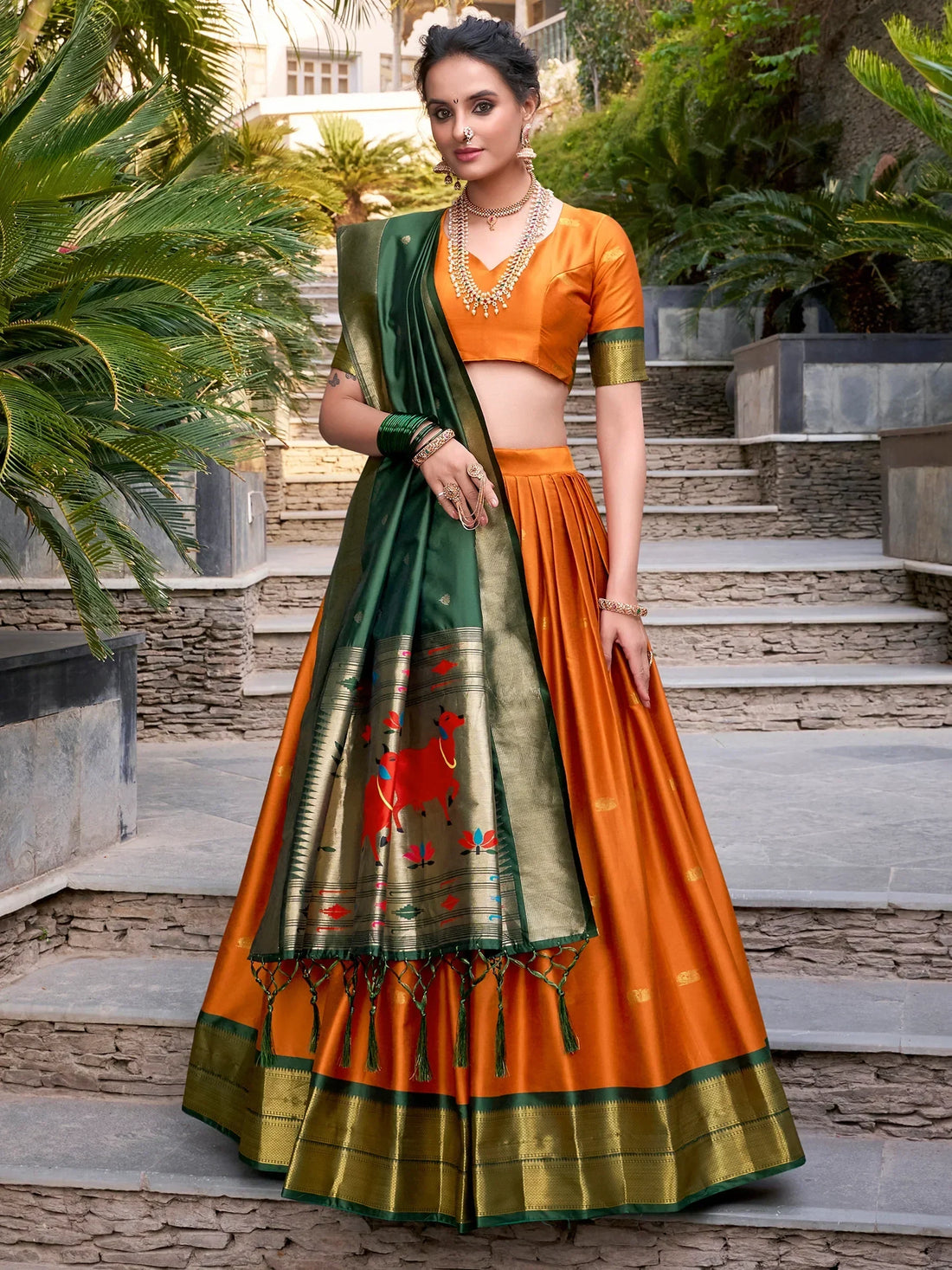 Gorgeous Orange Zari Weaving Paithani Lehenga Choli With Dupatta - Zeel Clothing