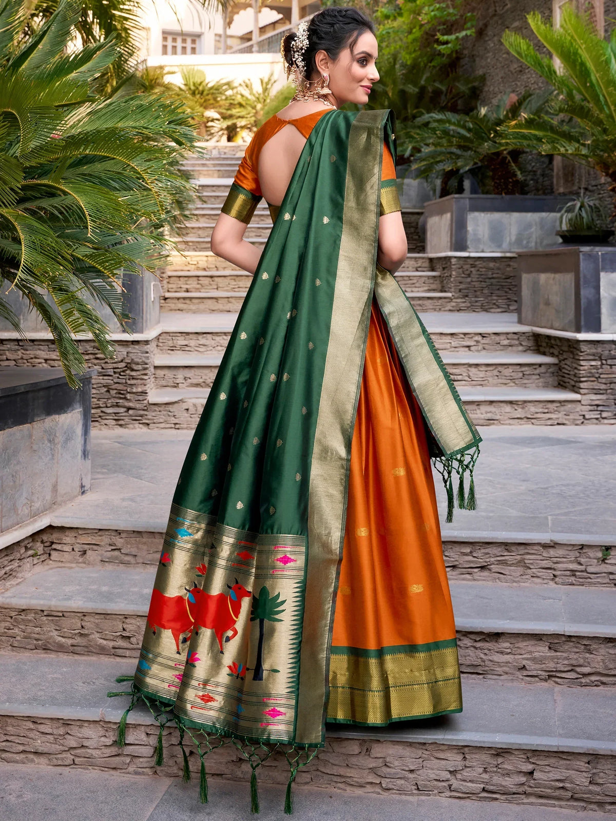Gorgeous Orange Zari Weaving Paithani Lehenga Choli With Dupatta - Zeel Clothing