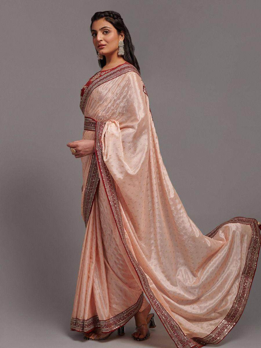 Gorgeous Peach Chinon Reception Wear Saree With Embroidered Blouse - Zeel Clothing