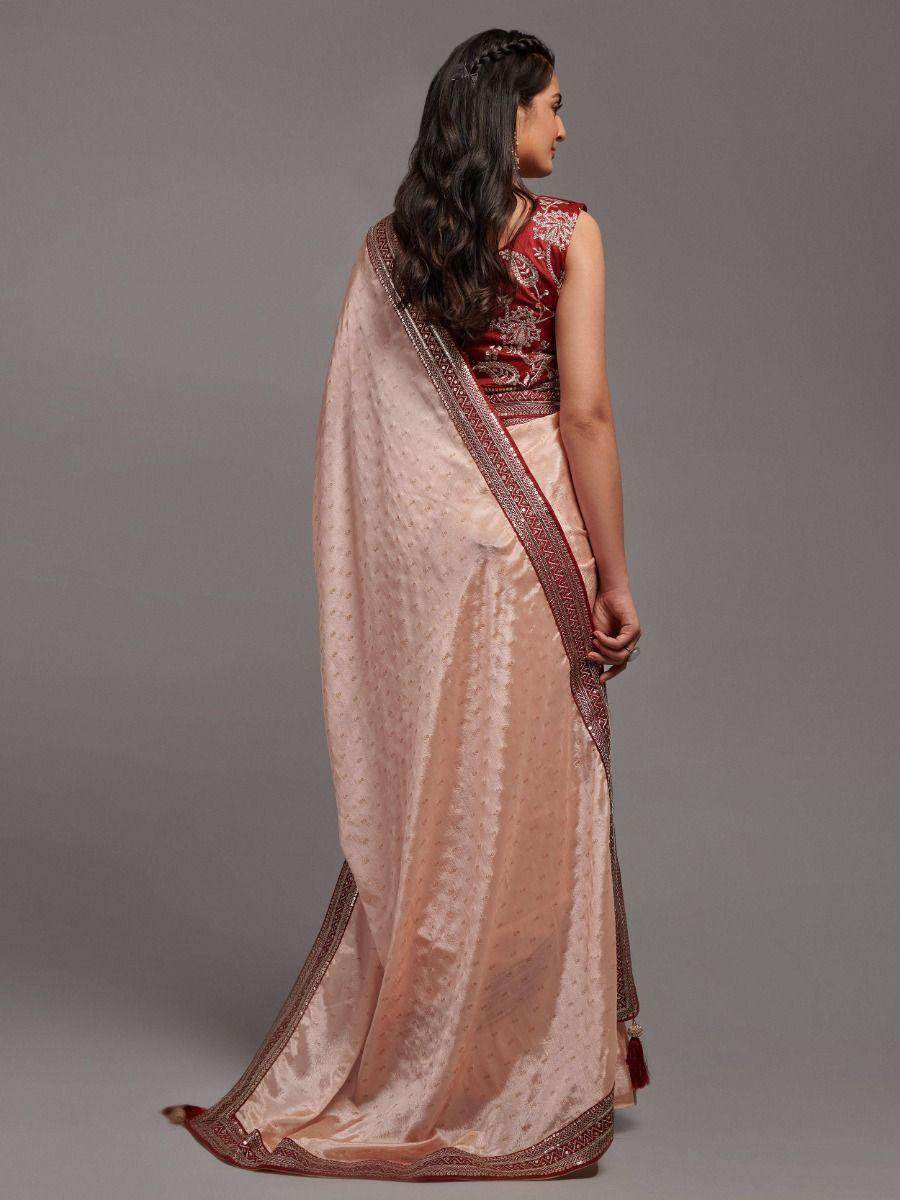 Gorgeous Peach Chinon Reception Wear Saree With Embroidered Blouse - Zeel Clothing