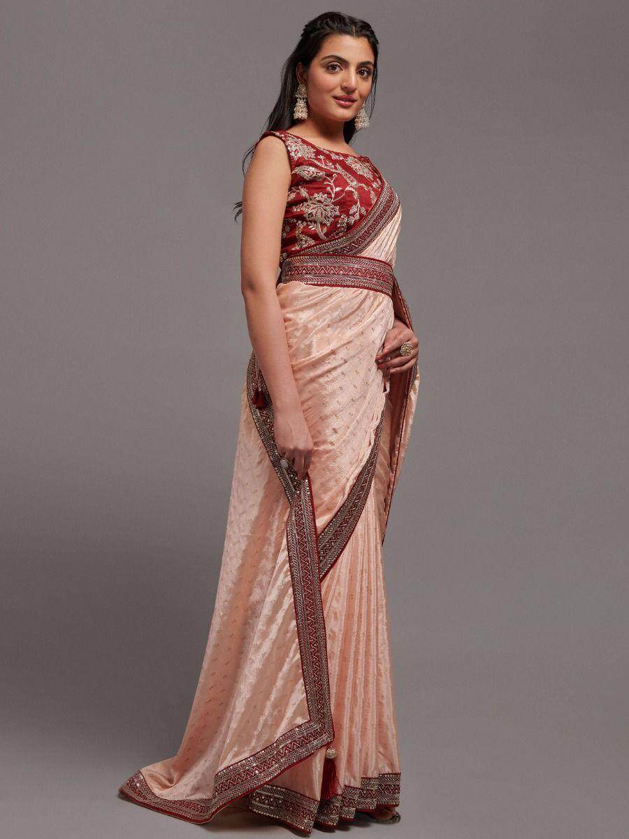 Gorgeous Peach Chinon Reception Wear Saree With Embroidered Blouse - Zeel Clothing