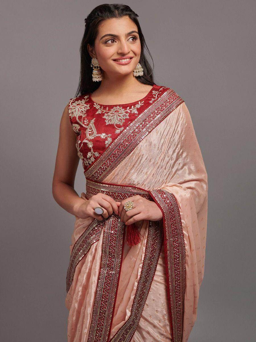 Gorgeous Peach Chinon Reception Wear Saree With Embroidered Blouse - Zeel Clothing