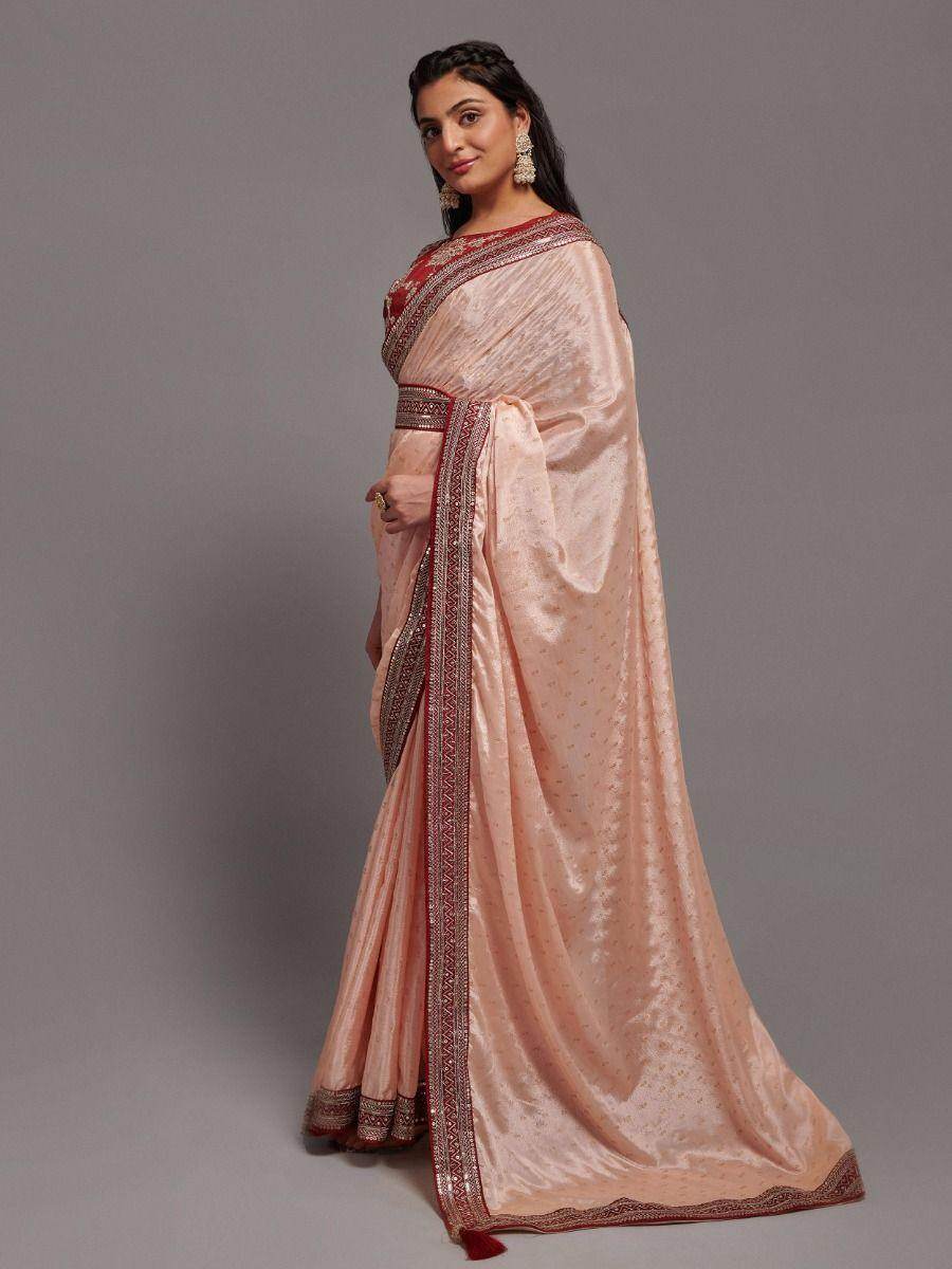 Gorgeous Peach Chinon Reception Wear Saree With Embroidered Blouse - Zeel Clothing