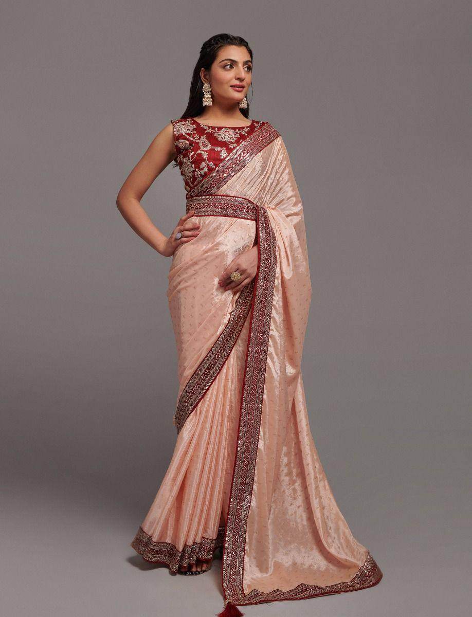 Gorgeous Peach Chinon Reception Wear Saree With Embroidered Blouse - Zeel Clothing