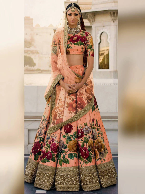 Gorgeous Peach Colored Partywear Designer Embroidered Lehenga Choli