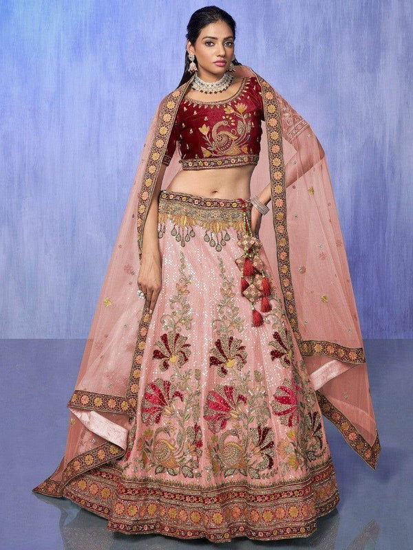 Gorgeous Peach Embroidered Velvet Lehenga Choli With Dupatta - Zeel Clothing