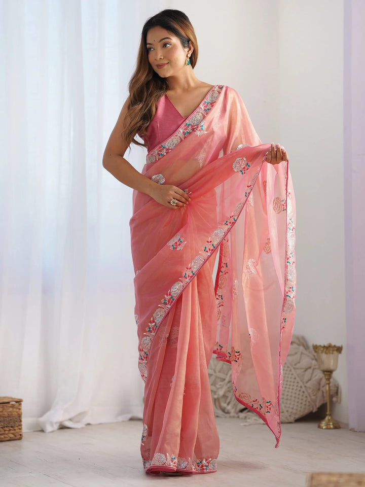Gorgeous Peach Sequins Net Festival Wear Saree With Blouse - Zeel Clothing