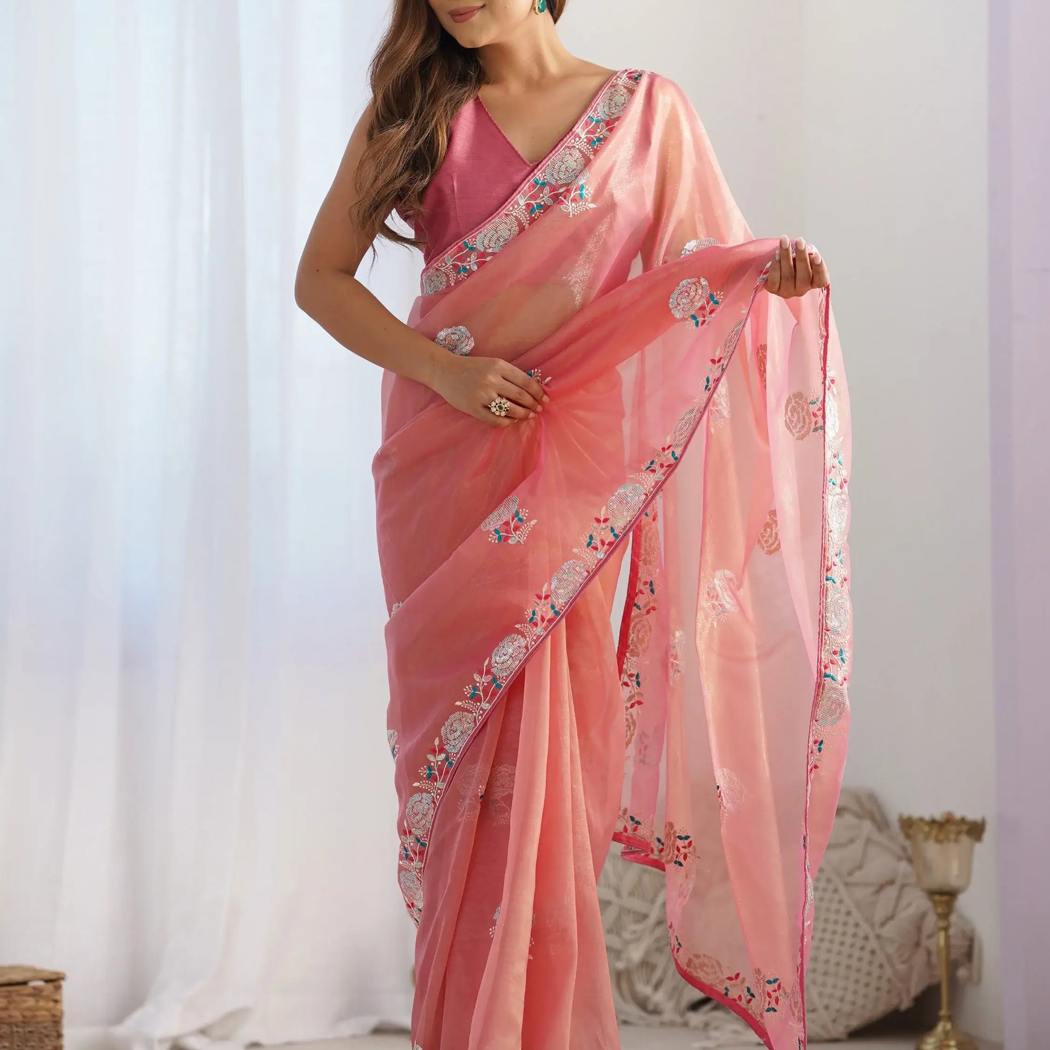 Gorgeous Peach Sequins Net Festival Wear Saree With Blouse - Zeel Clothing