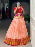 Gorgeous Peach Zari Weaving Tussar Silk Festive Wear Crop Top Lehenga