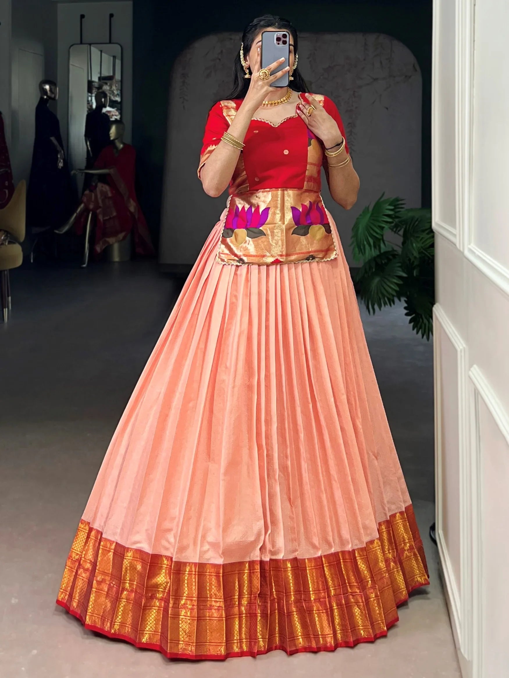 Gorgeous Peach Zari Weaving Tussar Silk Festive Wear Crop Top Lehenga