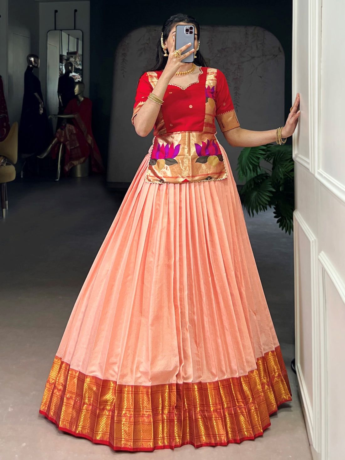 Gorgeous Peach Zari Weaving Tussar Silk Festive Wear Crop Top Lehenga