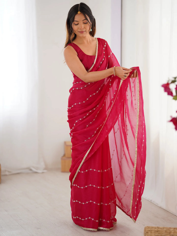 Gorgeous Pink Beads Work Chiffon Event Wear Saree With Blouse - Zeel Clothing