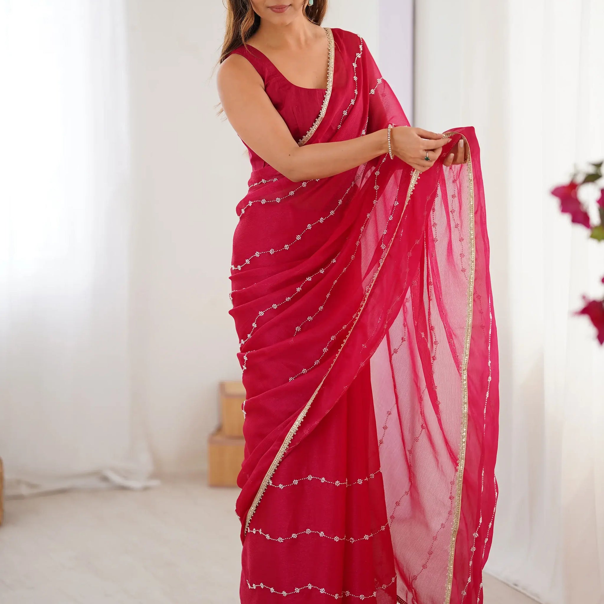 Gorgeous Pink Beads Work Chiffon Event Wear Saree With Blouse - Zeel Clothing