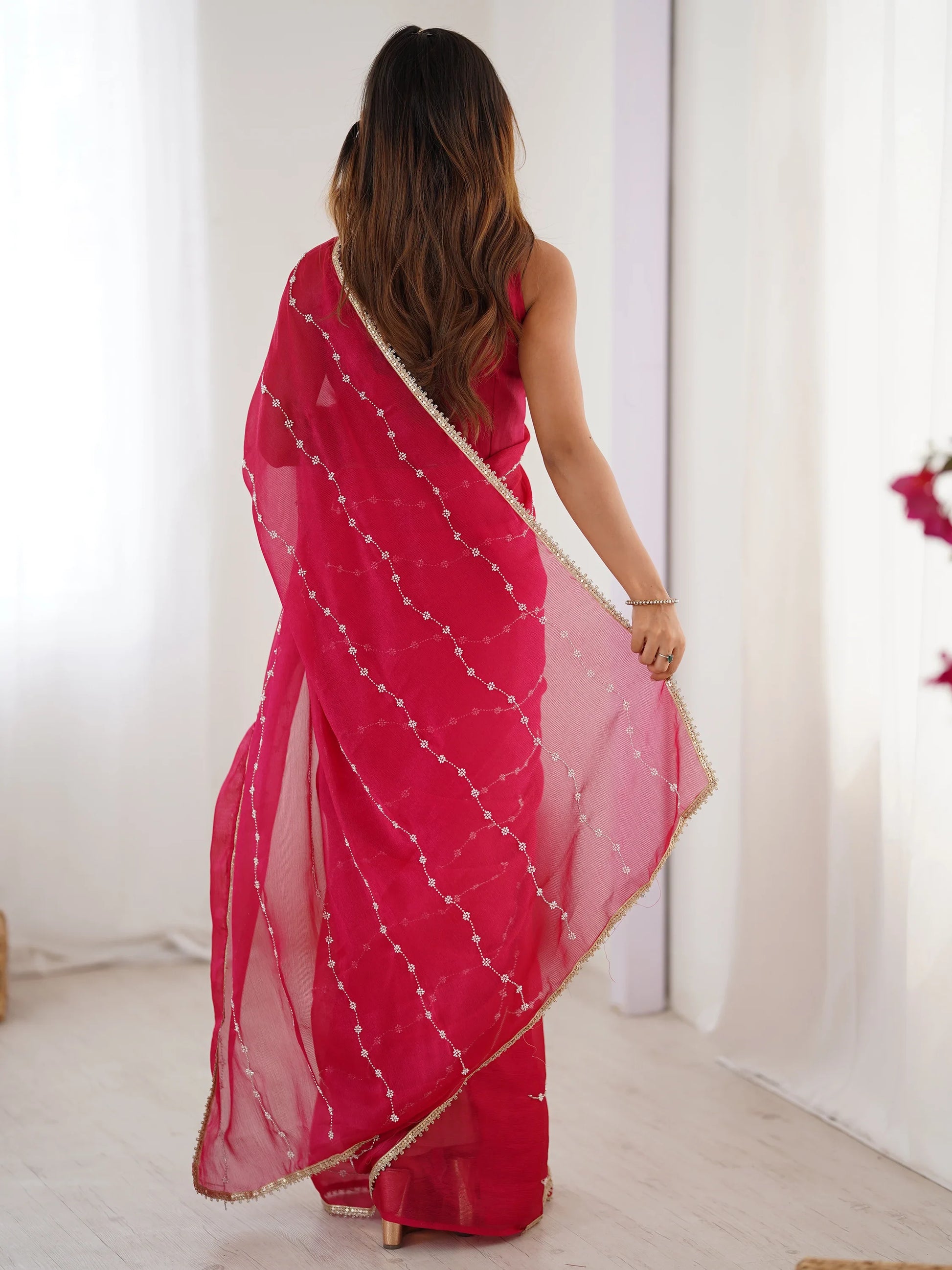 Gorgeous Pink Beads Work Chiffon Event Wear Saree With Blouse - Zeel Clothing