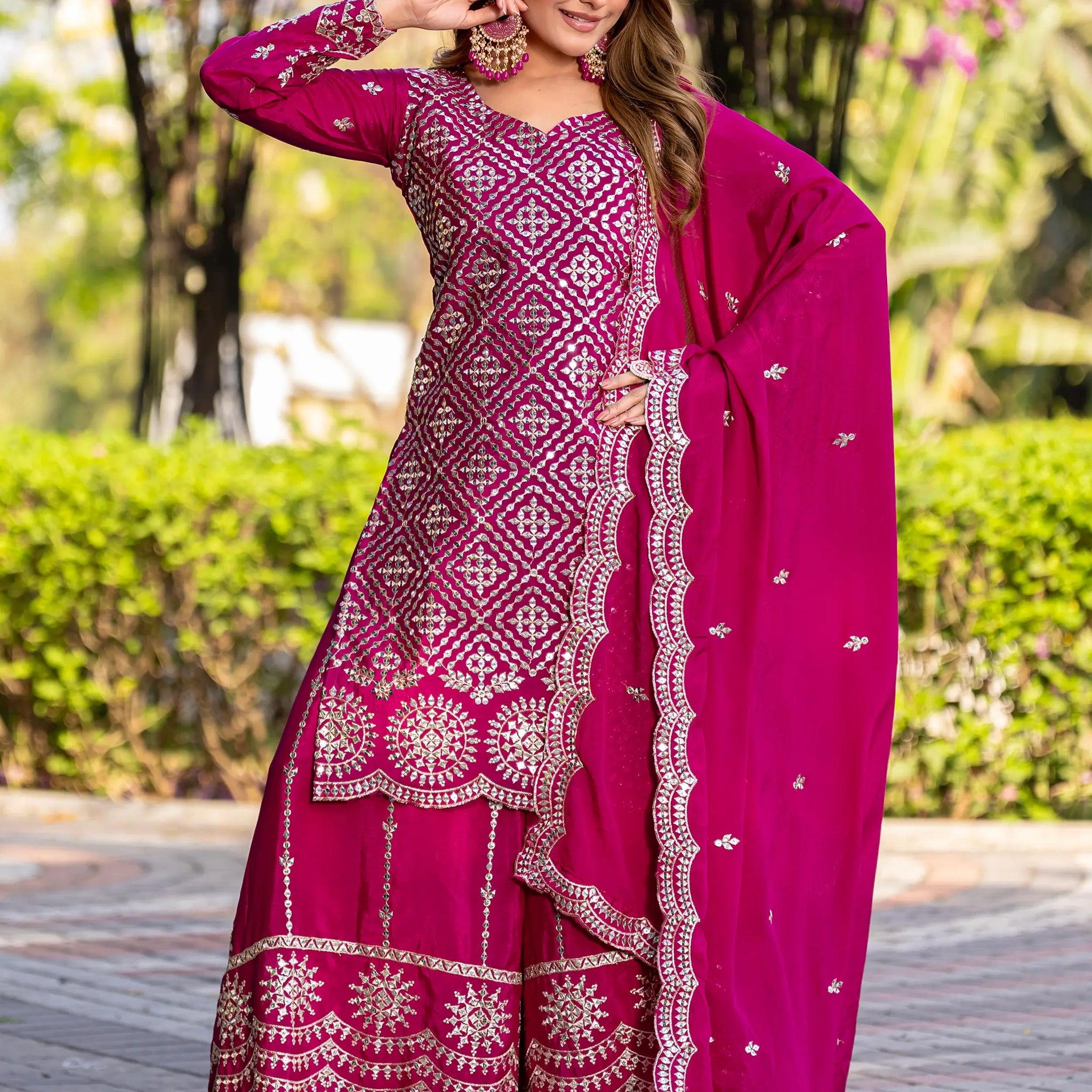Gorgeous Pink Chinnon Sequins Work Palazzo Suit With Dupatta - Zeel Clothing