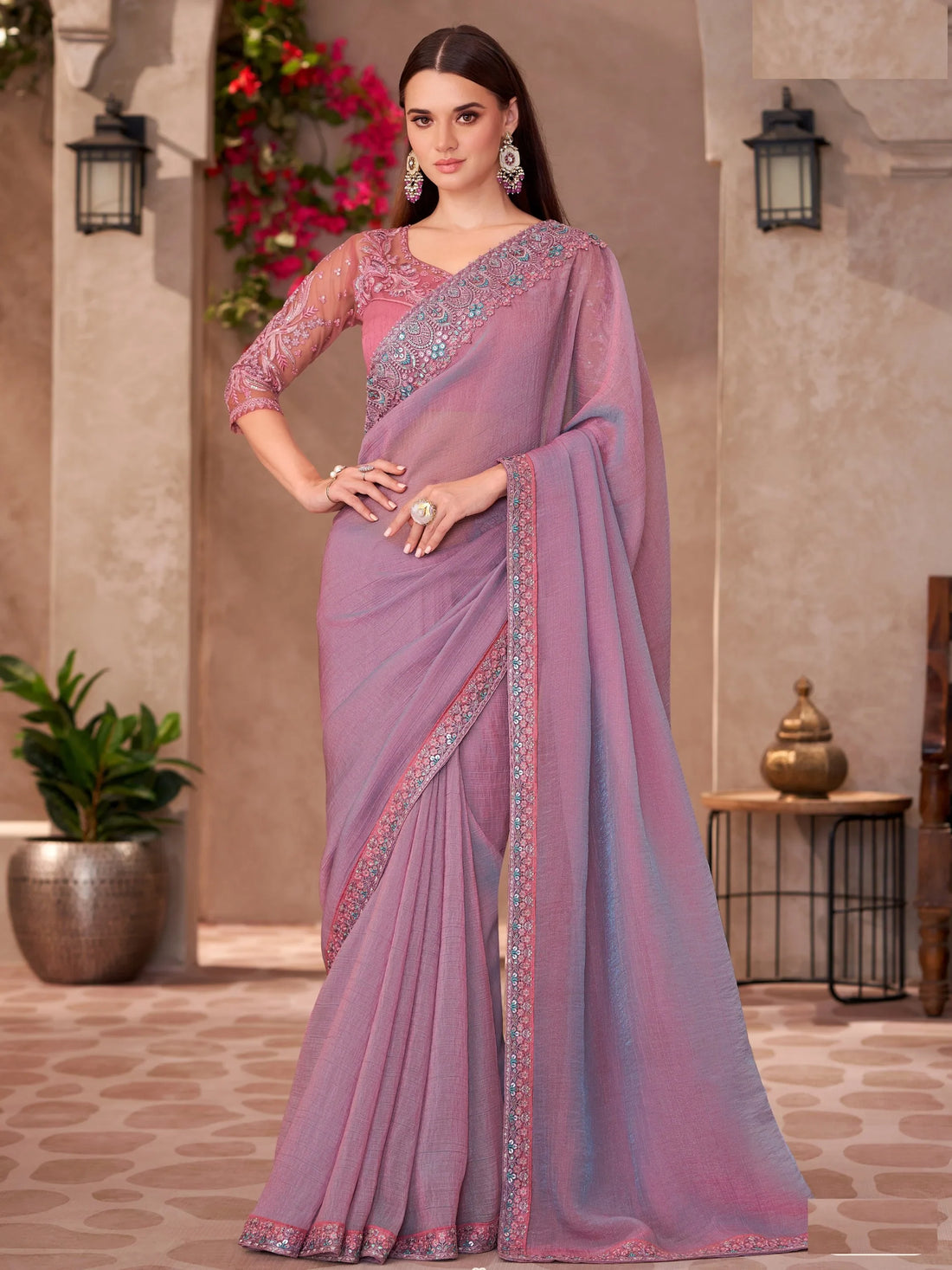Gorgeous Pink Embroidered Border Work Georgette Designer Saree With Blouse - Zeel Clothing