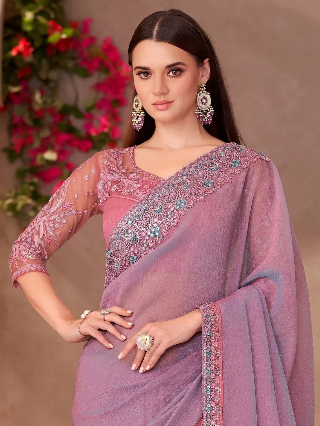 Gorgeous Pink Embroidered Border Work Georgette Designer Saree With Blouse - Zeel Clothing