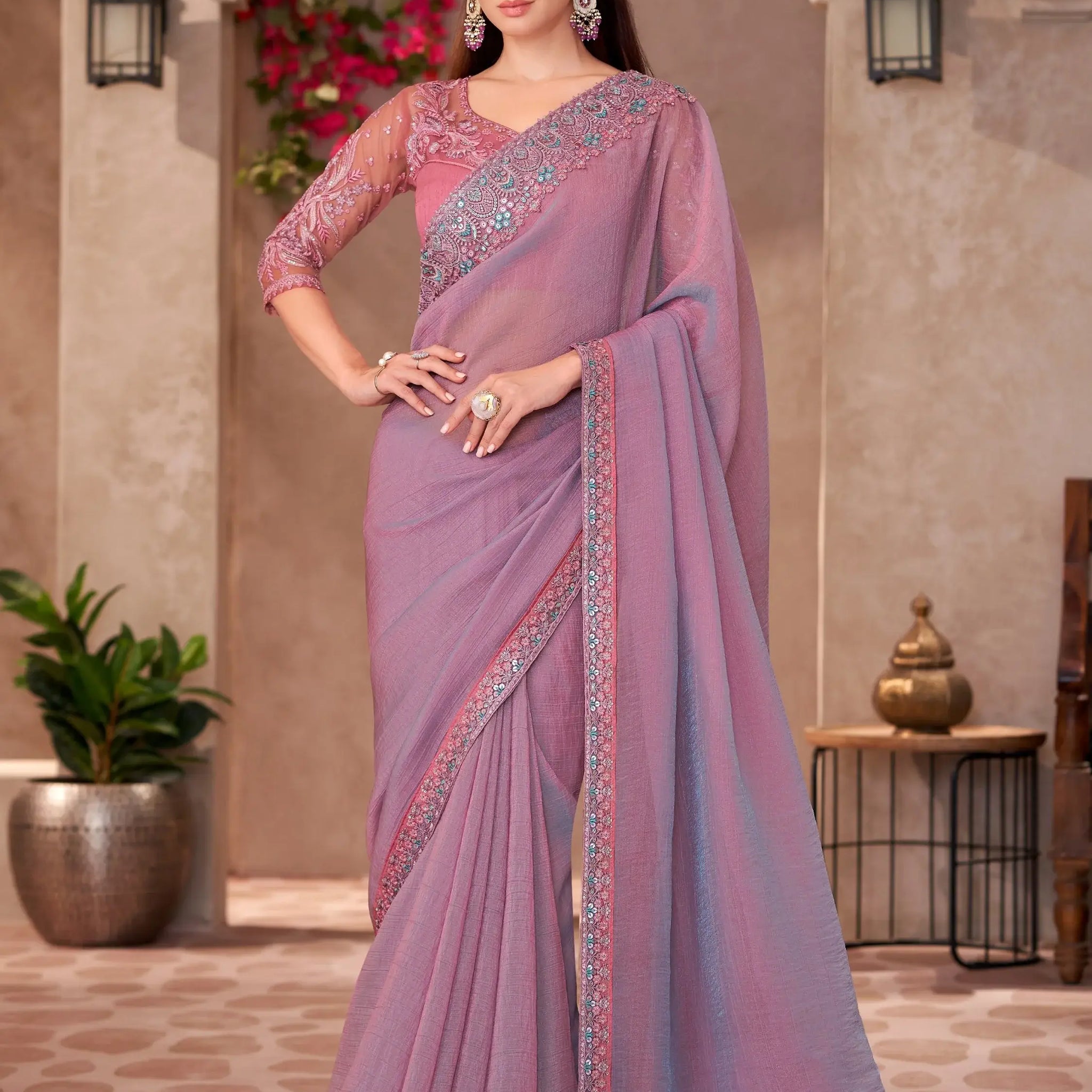 Gorgeous Pink Embroidered Border Work Georgette Designer Saree With Blouse - Zeel Clothing