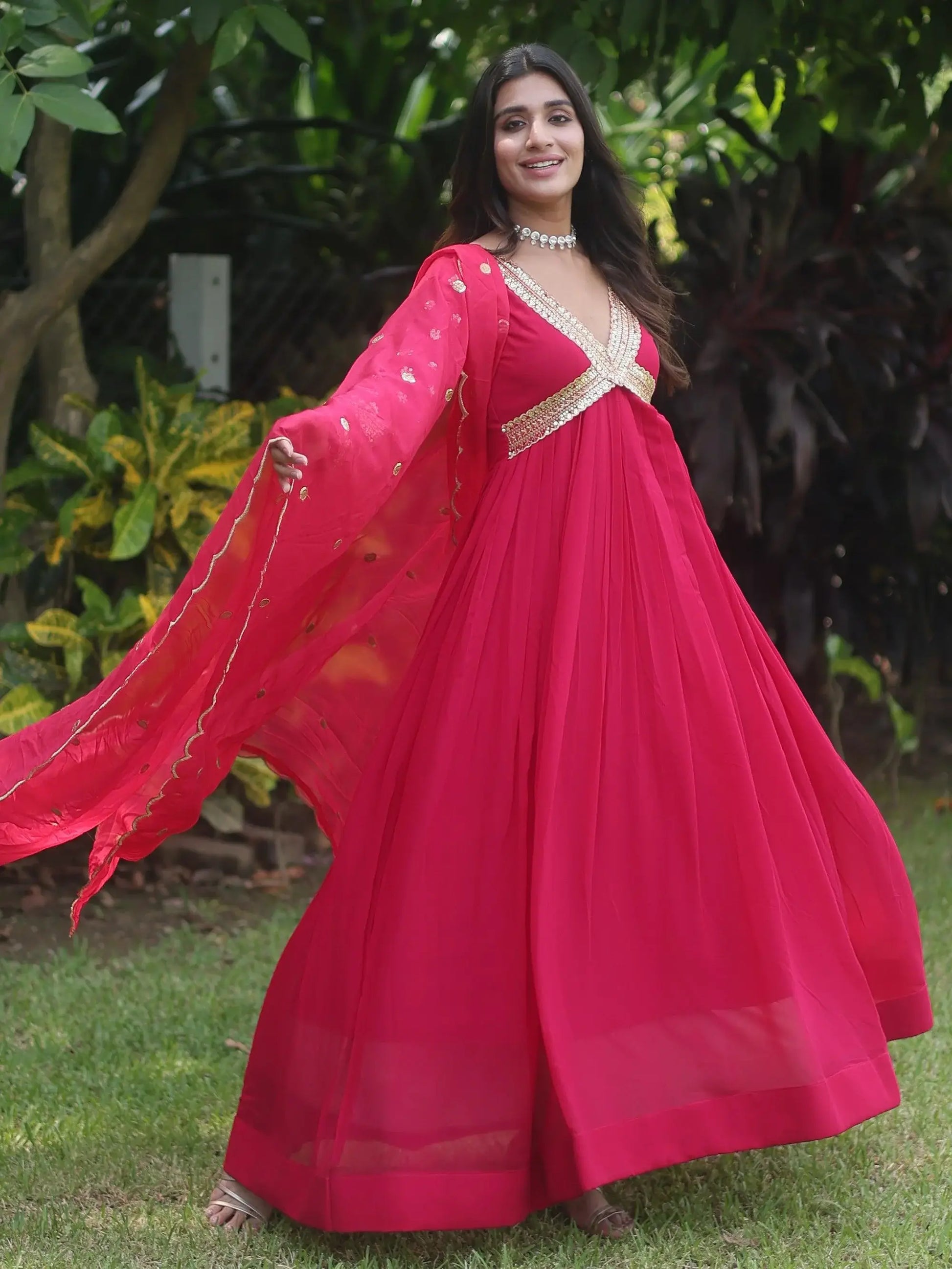 Gorgeous Pink Embroidered Georgette Traditional Gown With Dupatta - Zeel Clothing
