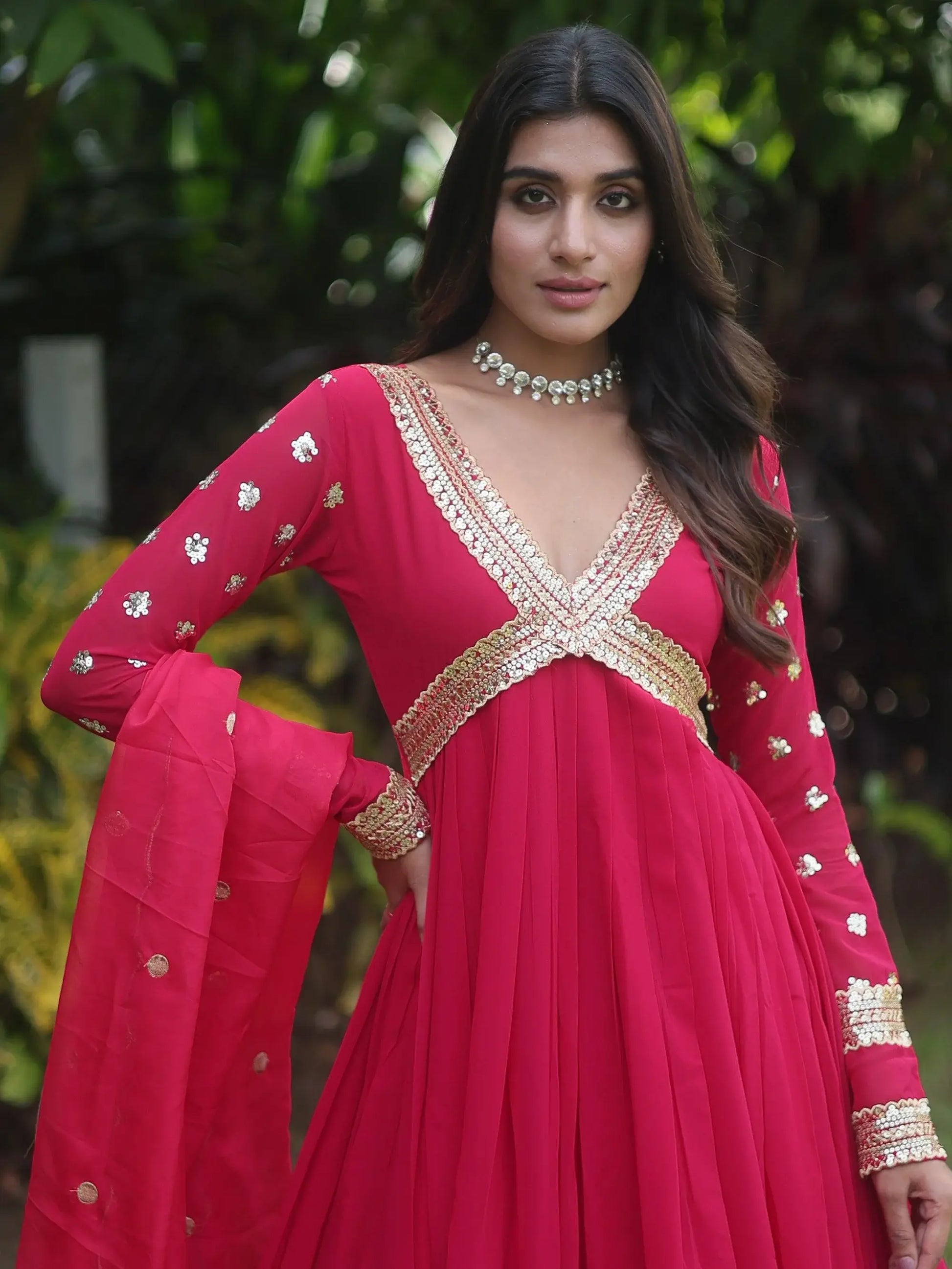 Gorgeous Pink Embroidered Georgette Traditional Gown With Dupatta - Zeel Clothing