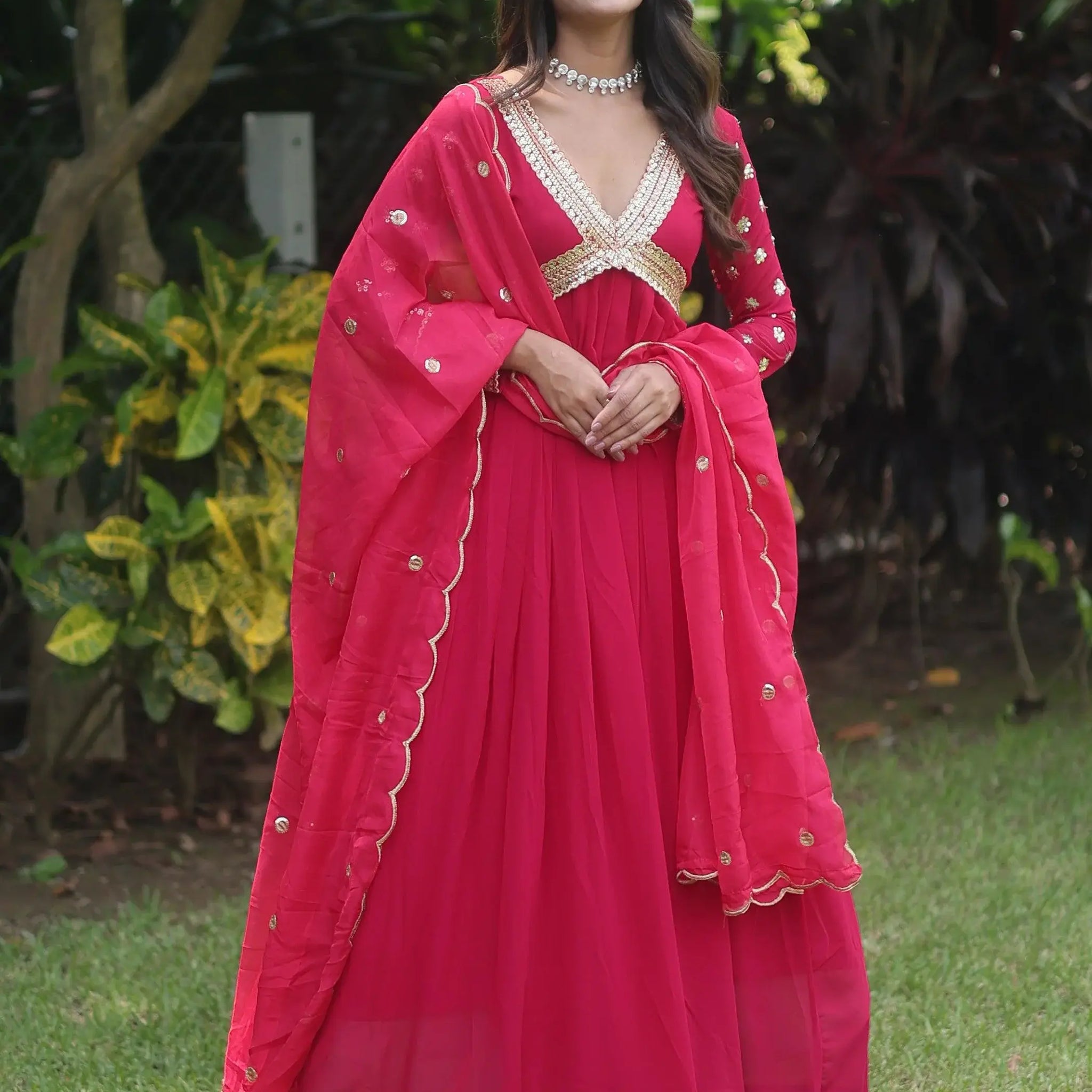 Gorgeous Pink Embroidered Georgette Traditional Gown With Dupatta - Zeel Clothing