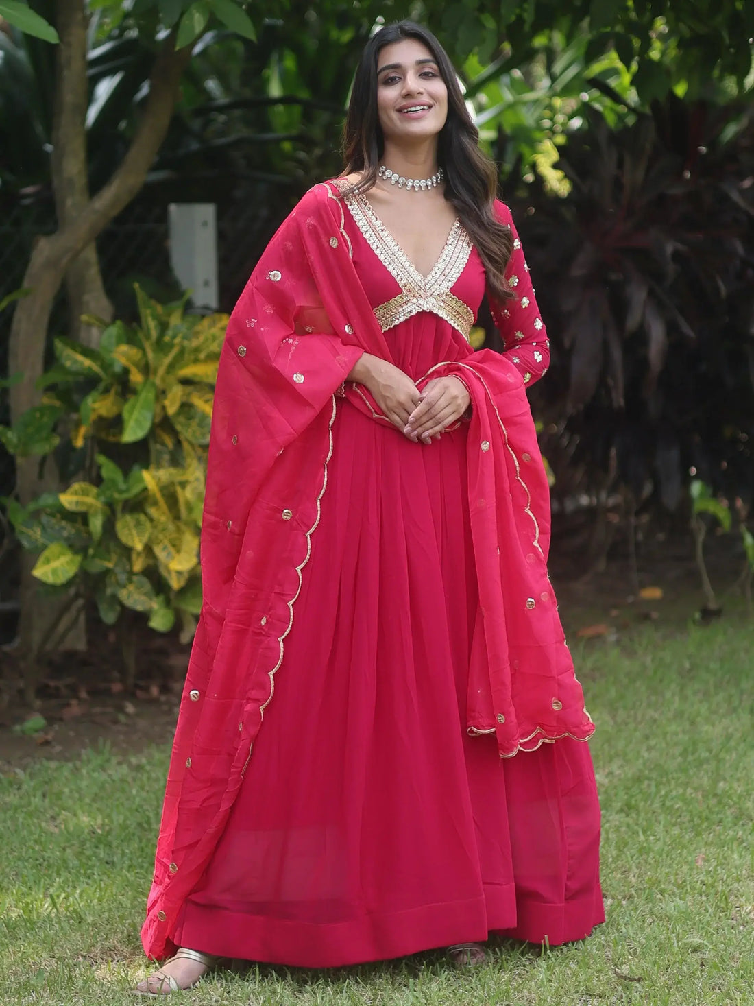 Gorgeous Pink Embroidered Georgette Traditional Gown With Dupatta - Zeel Clothing