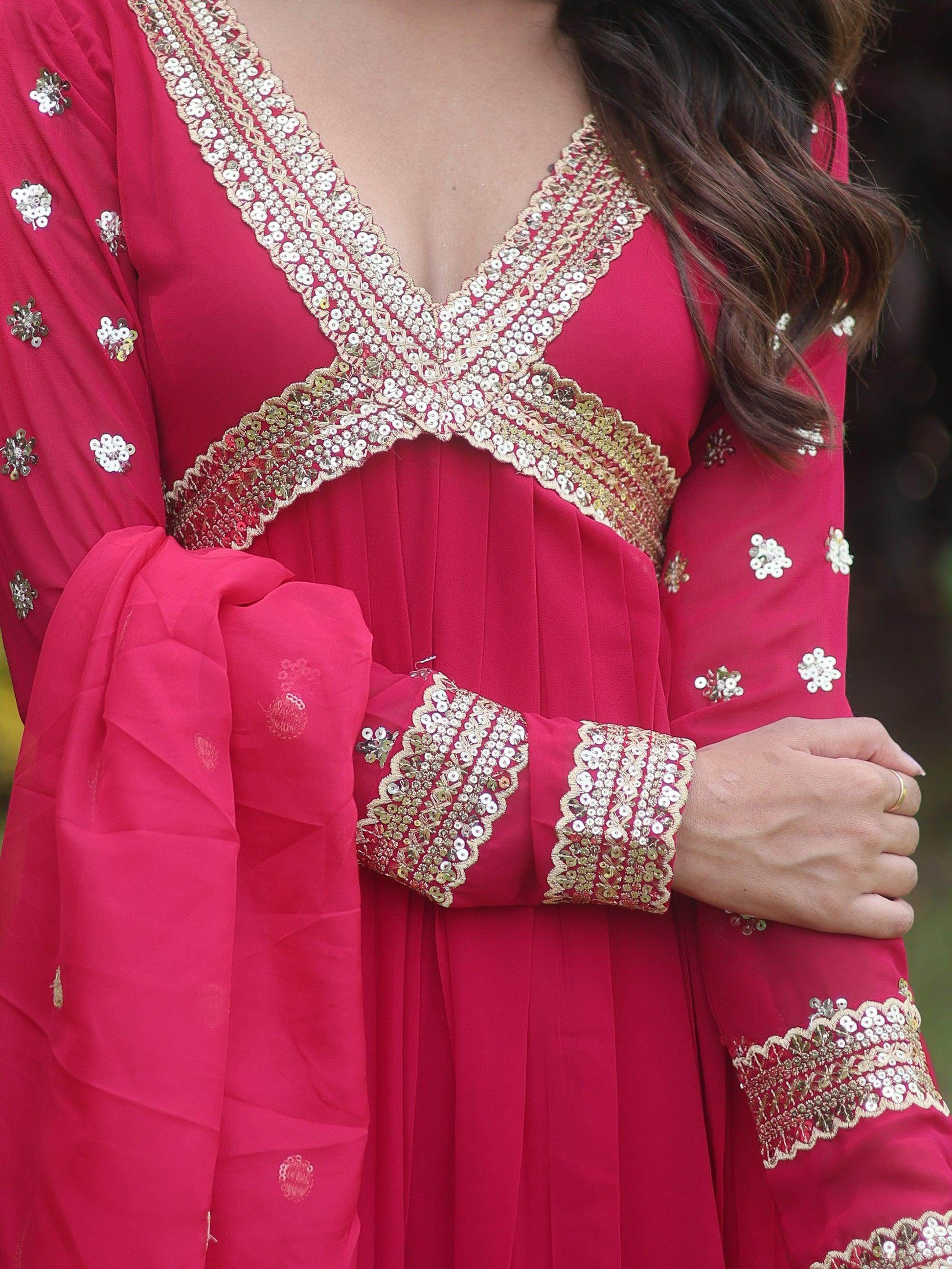 Gorgeous Pink Embroidered Georgette Traditional Gown With Dupatta - Zeel Clothing