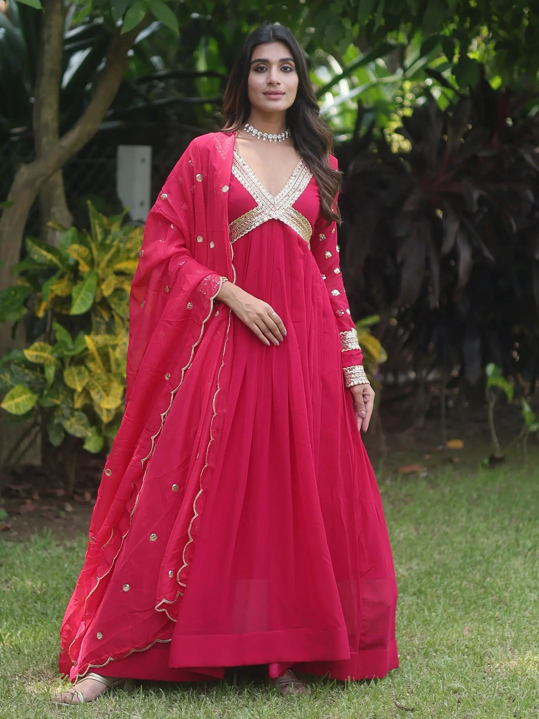 Gorgeous Pink Embroidered Georgette Traditional Gown With Dupatta - Zeel Clothing