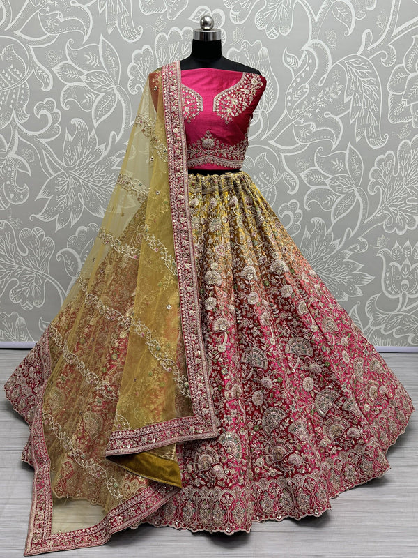 Gorgeous Pink Embroidered Velvet Bridal Lehenga Choli With Dupatta - Zeel Clothing