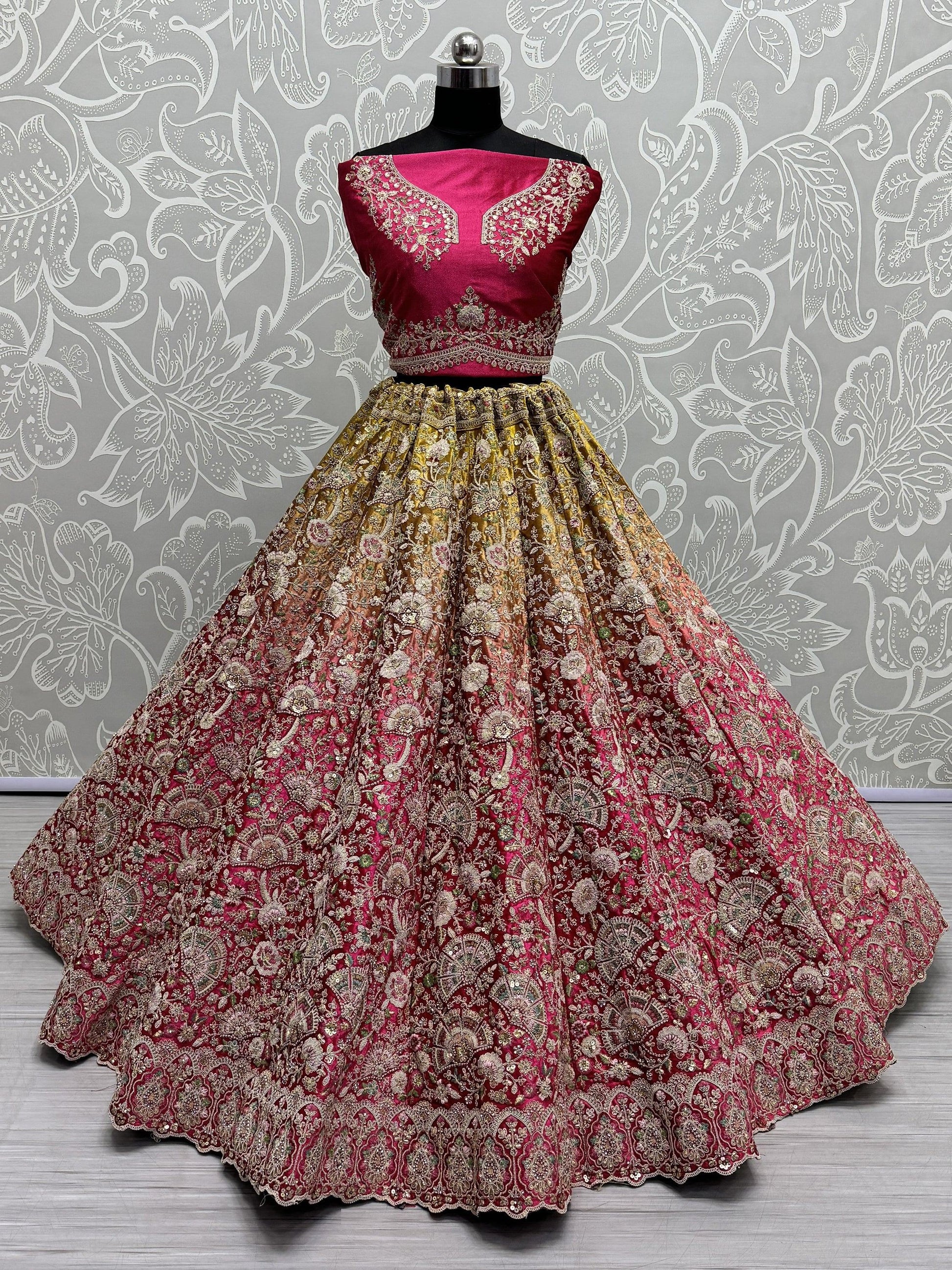 Gorgeous Pink Embroidered Velvet Bridal Lehenga Choli With Dupatta - Zeel Clothing