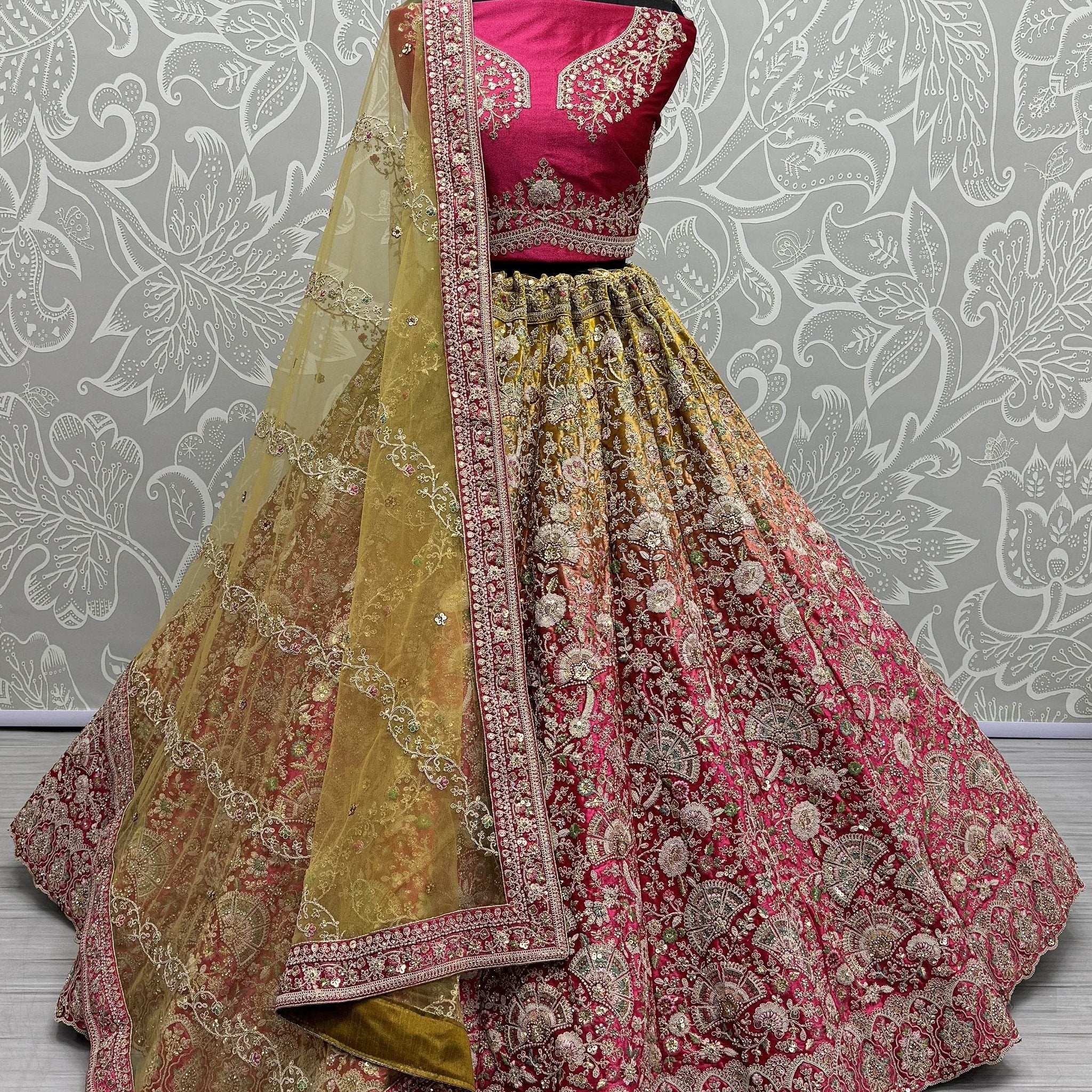 Gorgeous Pink Embroidered Velvet Bridal Lehenga Choli With Dupatta - Zeel Clothing