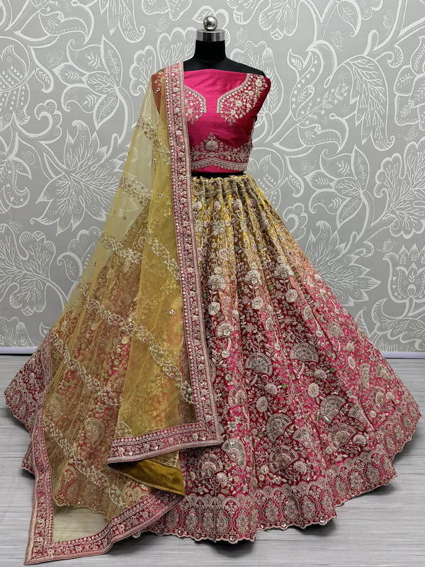 Gorgeous Pink Embroidered Velvet Bridal Lehenga Choli With Dupatta - Zeel Clothing