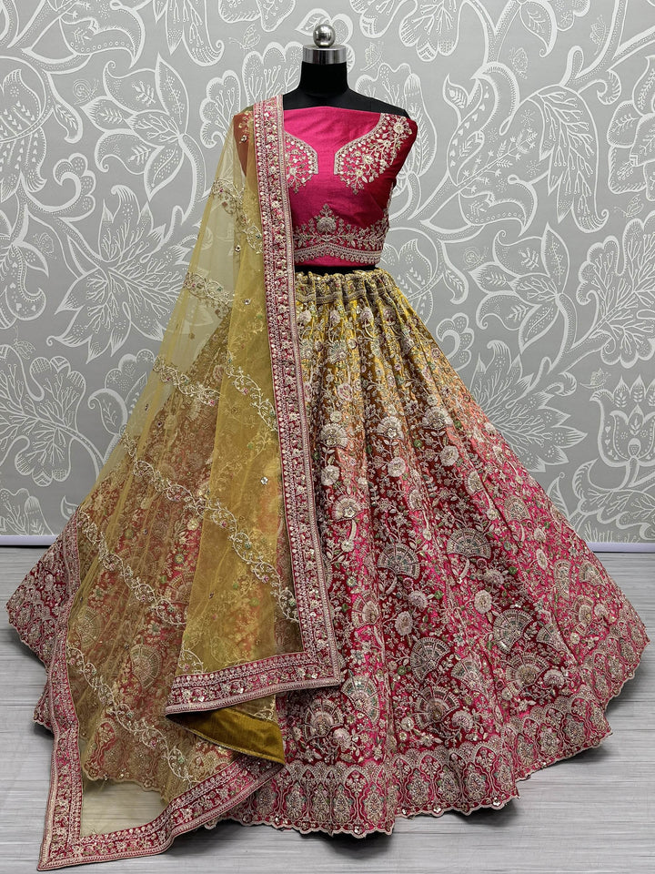 Gorgeous Pink Embroidered Velvet Bridal Lehenga Choli With Dupatta - Zeel Clothing