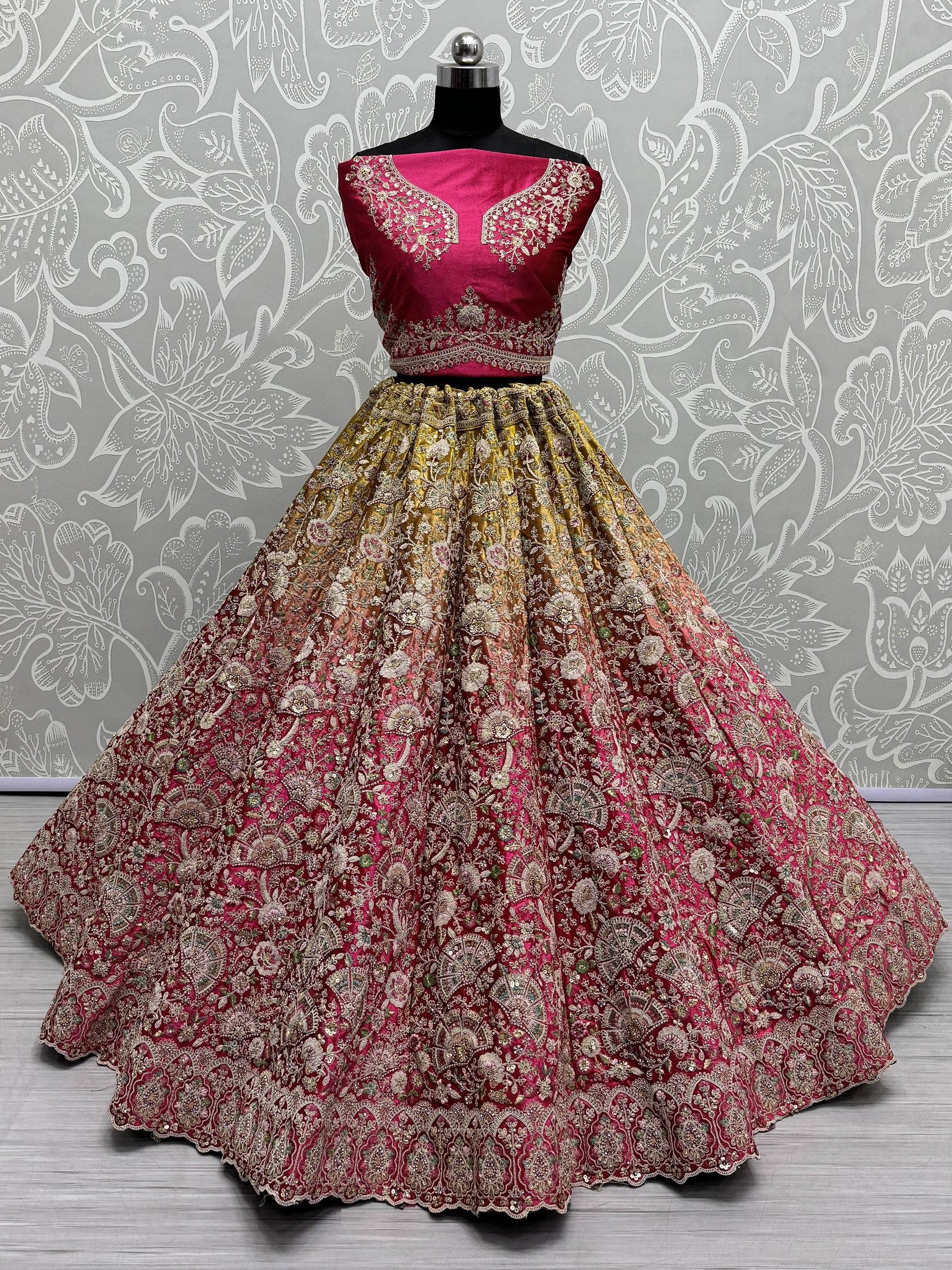 Gorgeous Pink Embroidered Velvet Bridal Lehenga Choli With Dupatta - Zeel Clothing